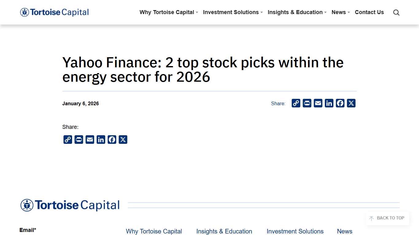 Yahoo Finance: 2 top stock picks within the energy sector for 2026 - Tortoise Capital