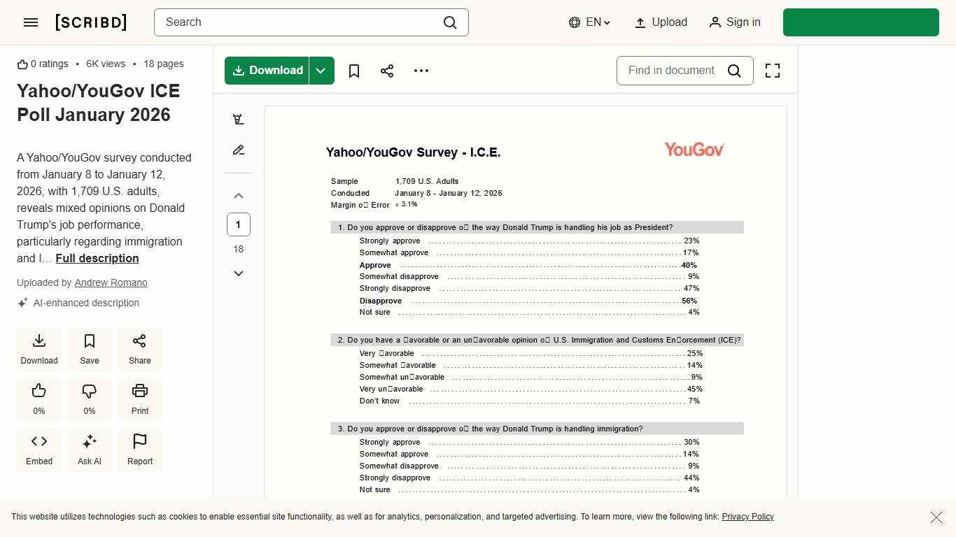 Yahoo/YouGov ICE Poll January 2026 | PDF | The United States | Politics Of The United States